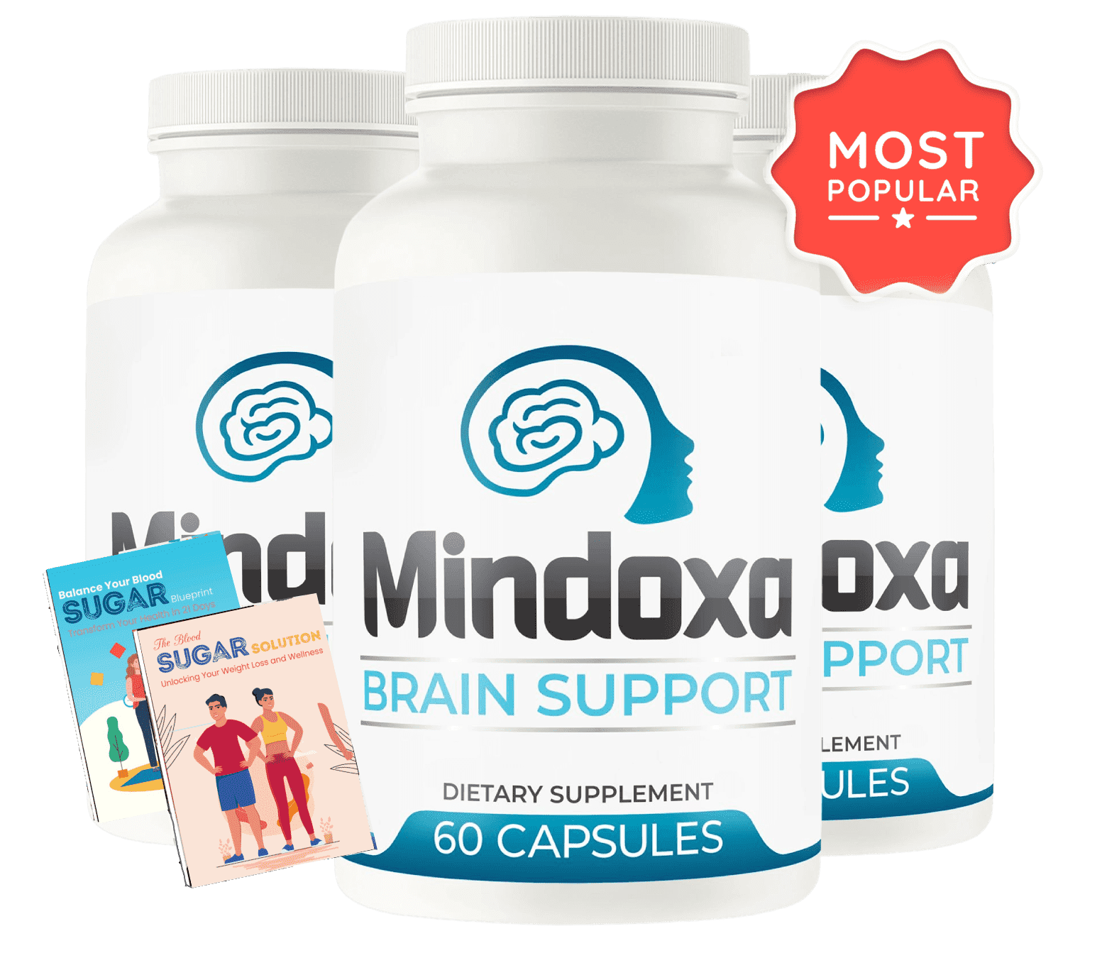 Mindoxa Brain Support supplement three bottle pack with free bonus guides